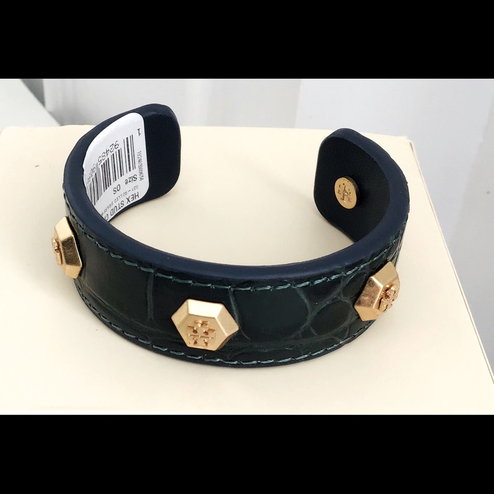 New Tory Burch Logo Cuff Bracelet Hex Stud Leather